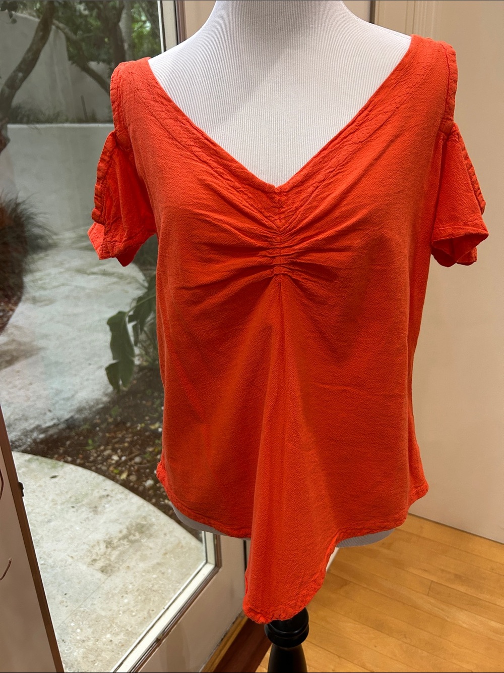 Women's Gathered V-Neck Short Sleeve Tee - Orange